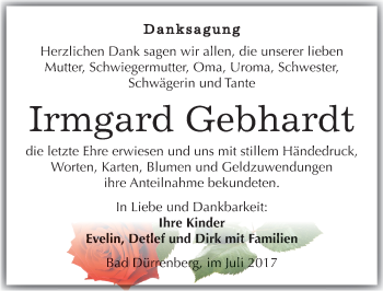 Traueranzeige von Irmgard Gebhardt von Mitteldeutsche Zeitung Weißenfels