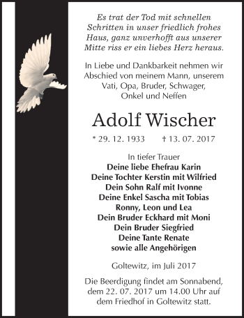 Traueranzeige von Adolf Wischer von Mitteldeutsche Zeitung Wittenberg