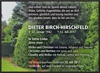 Traueranzeige von Dieter Birch-Hirschfeld von Super Sonntag SGH Mansf. Land