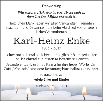 Traueranzeige von Karl-Heinz Enke von Mitteldeutsche Zeitung Mansfelder Land