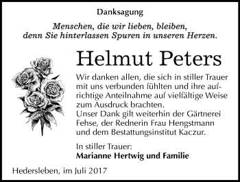 Traueranzeige von Helmut Peters von Mitteldeutsche Zeitung Quedlinburg