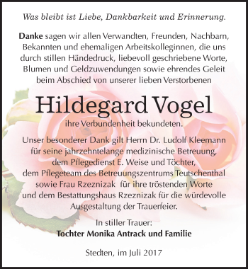 Traueranzeige von Hildegard Vogel von Mitteldeutsche Zeitung Mansfelder Land