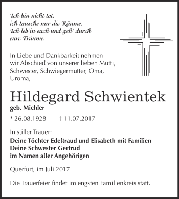 Traueranzeige von Hildegard Schwientek von WVG - Wochenspiegel Merseburg