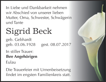 Traueranzeige von Sigrid Beck von WVG - Wochenspiegel NMB / WSF / ZTZ