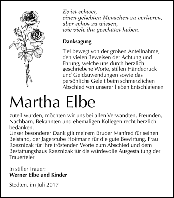 Traueranzeige von Martha Elbe von Mitteldeutsche Zeitung Mansfelder Land