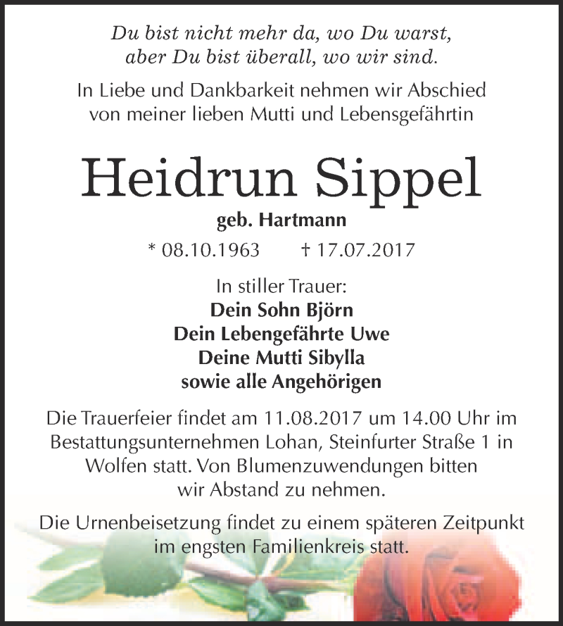  Traueranzeige für Heidrun Sippel vom 26.07.2017 aus WVG - Wochenspiegel Bitterfeld