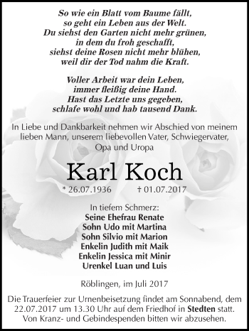 Traueranzeige von Karl Koch von Super Sonntag SGH Mansf. Land