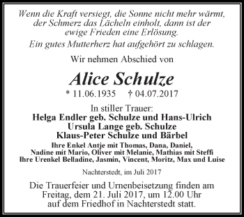 Traueranzeige von Alice Schulze von Super Sonntag Aschersleben