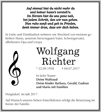 Traueranzeige von Wolfgang Richter von Wochenspiegel Mansfelder Land