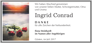 Traueranzeige von Ingrid Conrad von Super Sonntag Bernburg
