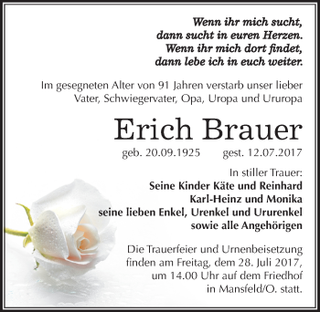 Traueranzeige von Erich Brauer von Mitteldeutsche Zeitung Mansfelder Land