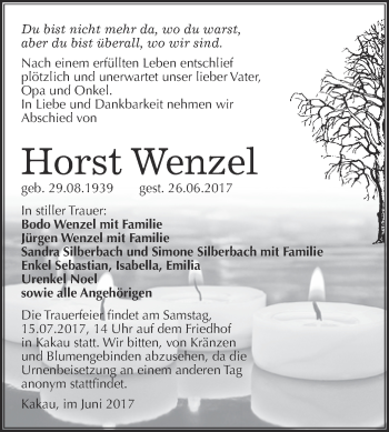 Traueranzeige von Horst Wenzel von Super Sonntag Wittenberg