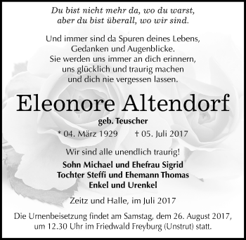 Traueranzeige von Eleonore Altendorf von Mitteldeutsche Zeitung Halle/Saalkreis