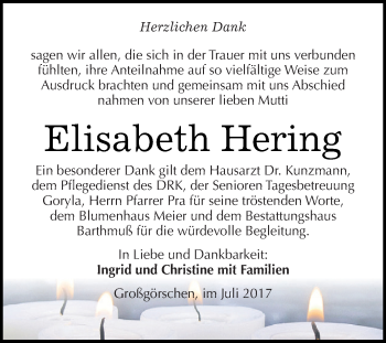 Traueranzeige von Elisabeth Hering von WVG - Wochenspiegel NMB / WSF / ZTZ