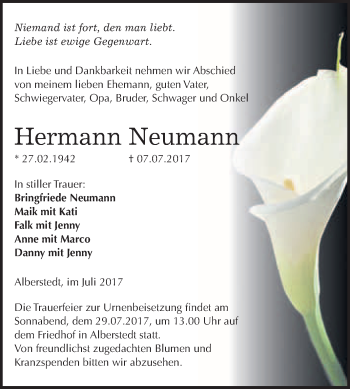 Traueranzeige von Hermann Neumann von WVG - Wochenspiegel Merseburg