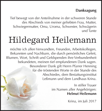 Traueranzeige von Hildegard Heilemann von Mitteldeutsche Zeitung Bitterfeld