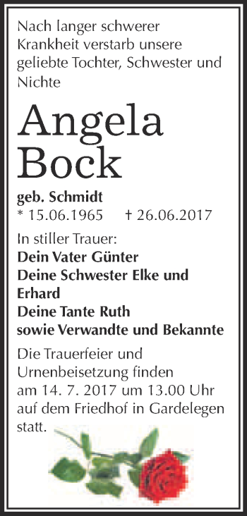 Traueranzeige von Angela Bock von Super Sonntag Wittenberg