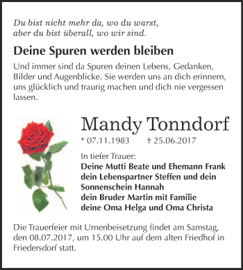 Traueranzeige von Mandy Tonndorf von WVG - Wochenspiegel Bitterfeld