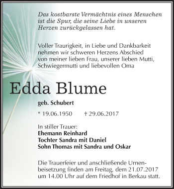 Traueranzeige von Edda Blume von Mitteldeutsche Zeitung Wittenberg