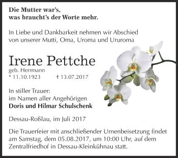 Traueranzeige von Irene Pettche von WVG - Wochenspiegel Dessau / Köthen