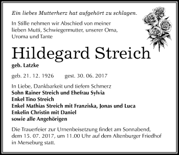 Traueranzeige von Hildegard Streich von Mitteldeutsche Zeitung Merseburg/Querfurt