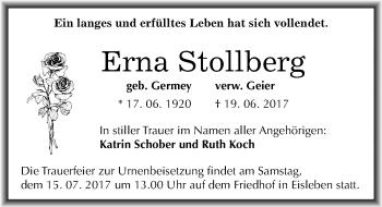 Traueranzeige von Erna Stollberg von Mitteldeutsche Zeitung Mansfelder Land