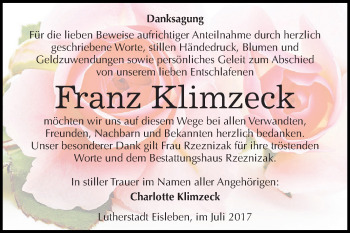 Traueranzeige von Franz Klimzeck von Super Sonntag SGH Mansf. Land