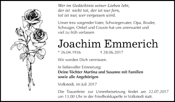 Traueranzeige von Joachim Emmerich von Wochenspiegel Mansfelder Land