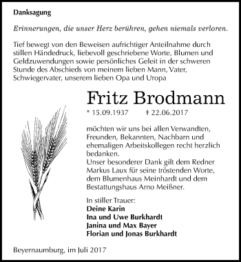 Traueranzeige von Fritz Brodmann von Mitteldeutsche Zeitung Sangerhausen