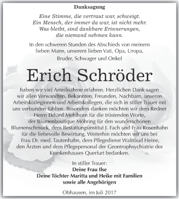 Traueranzeige von Erich Schröder von WVG - Wochenspiegel Merseburg