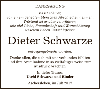 Traueranzeige von Dieter Schwarze von Super Sonntag Aschersleben
