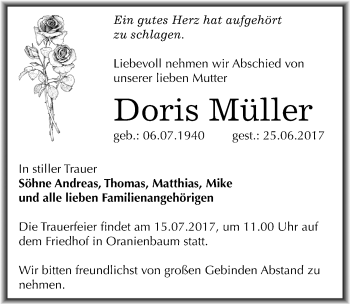 Traueranzeige von Doris Müller von Mitteldeutsche Zeitung Wittenberg