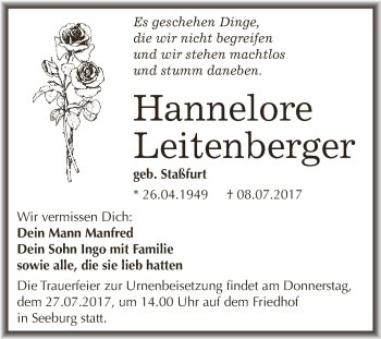 Traueranzeige von Hannelore Leitenberger von Wochenspiegel Mansfelder Land
