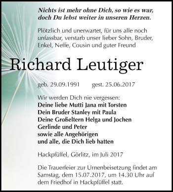 Traueranzeige von Richard Leutiger von Super Sonntag SGH Mansf. Land