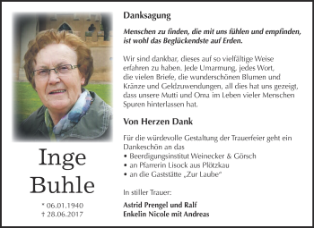 Traueranzeige von Inge Buhle von Super Sonntag Bernburg