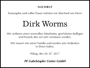Traueranzeige von Dirk Worms von Mitteldeutsche Zeitung Zeitz