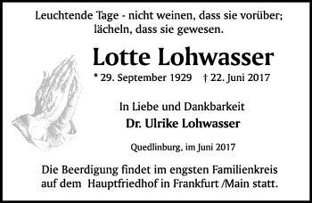Traueranzeige von Lotte Lohwasser von Mitteldeutsche Zeitung Quedlinburg