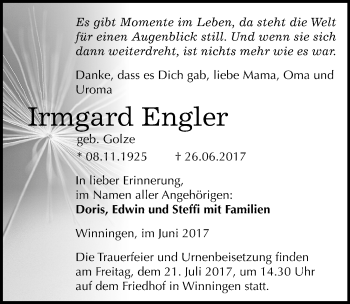 Traueranzeige von Irmgard Engler von Mitteldeutsche Zeitung Aschersleben