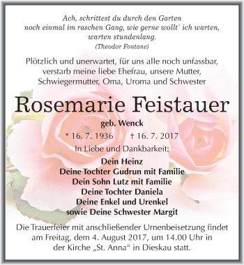 Traueranzeige von Rosemarie Feistauer von Mitteldeutsche Zeitung Halle/Saalkreis
