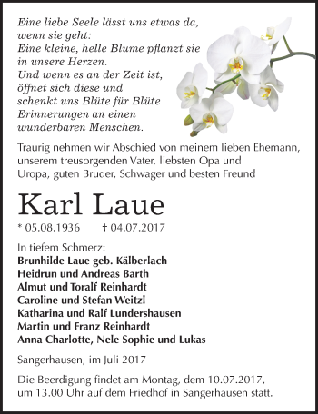 Traueranzeige von Karl Laue von Mitteldeutsche Zeitung Sangerhausen