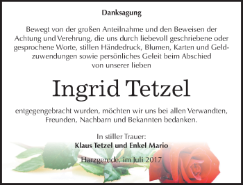 Traueranzeige von Ingrid Tetzel von Mitteldeutsche Zeitung Quedlinburg