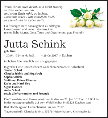 Traueranzeige von Jutta Schink von Mitteldeutsche Zeitung Köthen