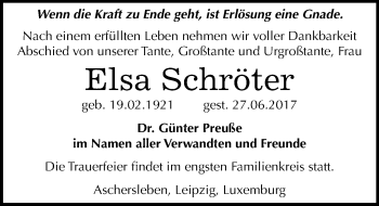 Traueranzeige von Elsa Schröter von Mitteldeutsche Zeitung Aschersleben