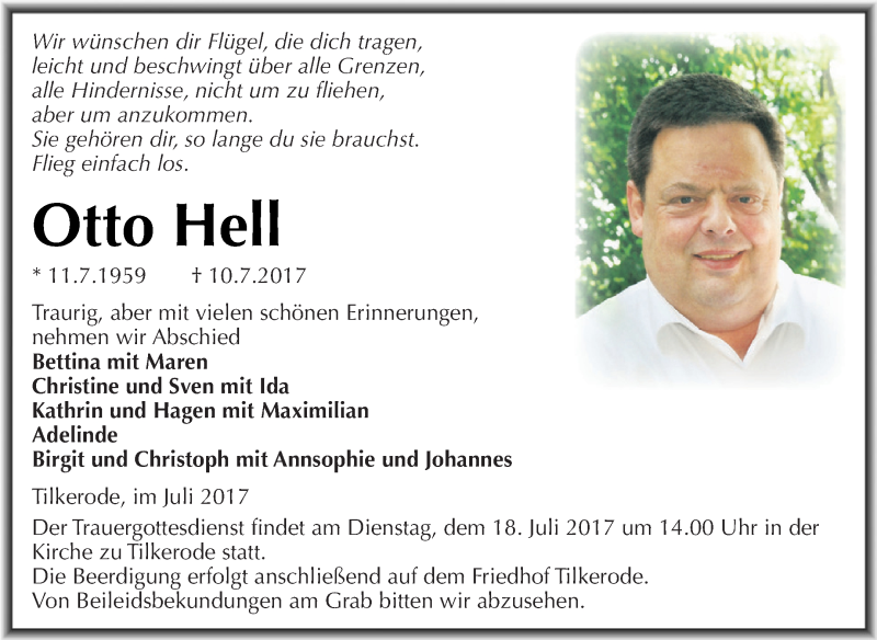  Traueranzeige für Otto Hell vom 15.07.2017 aus Super Sonntag SGH Mansf. Land