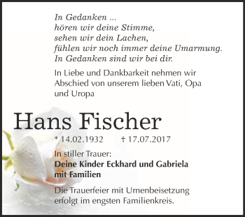 Traueranzeige von Hans Fischer von WVG - Wochenspiegel Bitterfeld