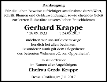Traueranzeige von Gerhard Krappe von Mitteldeutsche Zeitung Dessau-Roßlau