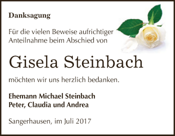Traueranzeige von Gisela Steinbach von Super Sonntag SGH Mansf. Land