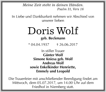 Traueranzeige von Doris Wolf von Mitteldeutsche Zeitung Halle/Saalkreis