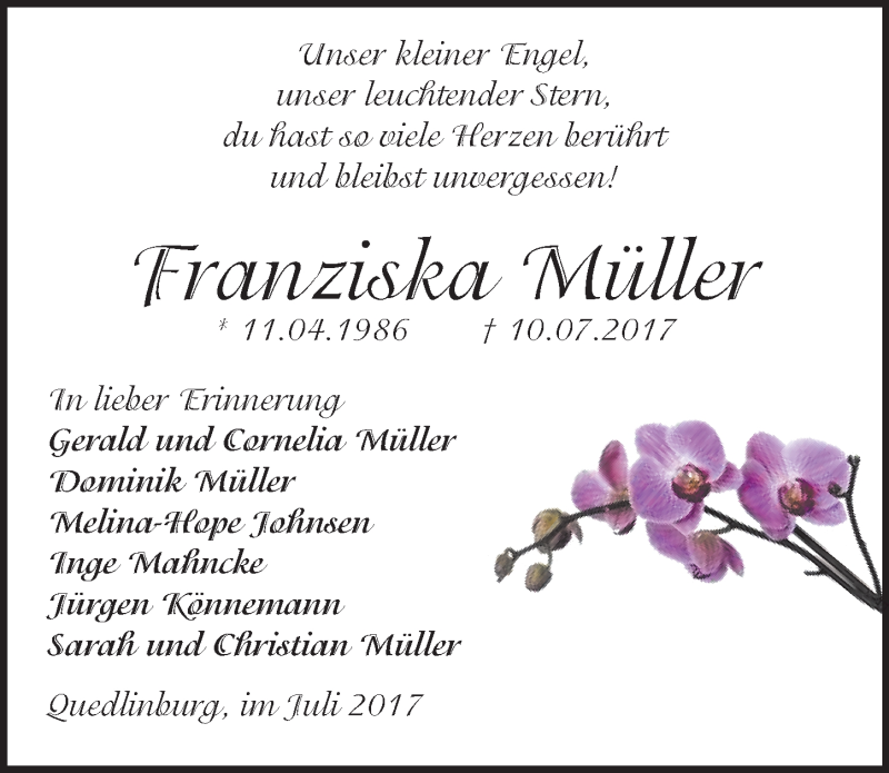  Traueranzeige für Franziska Müller vom 22.07.2017 aus Mitteldeutsche Zeitung Quedlinburg