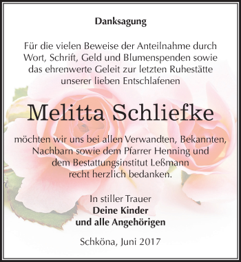 Traueranzeige von Melitta Schliefke von Mitteldeutsche Zeitung Wittenberg